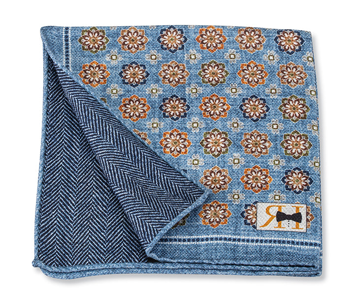 Blue Medallions/Herringbone Pocket Square