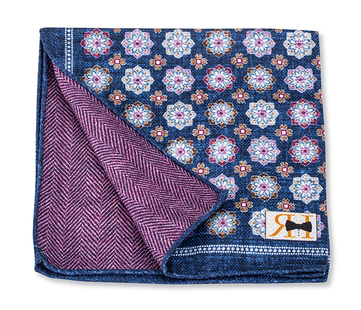 Navy Medallions/Herringbone Pocket Square