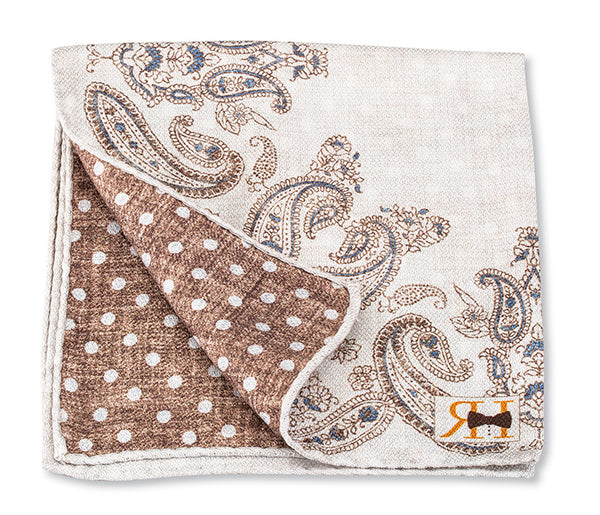 White/Brown Paisley/Dot Pocket Square