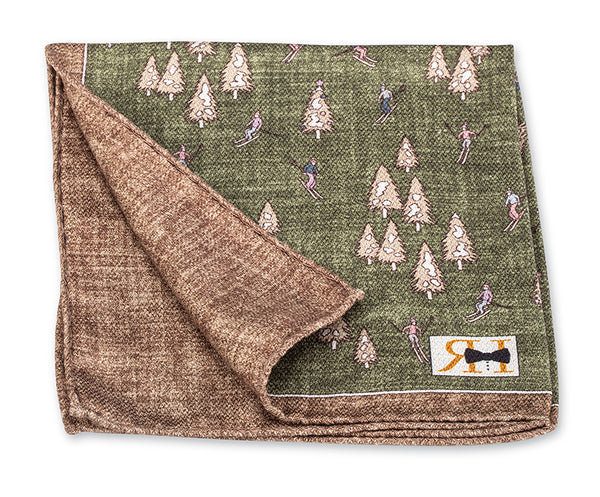 Green/Brown Festive Skiers Pocket Square