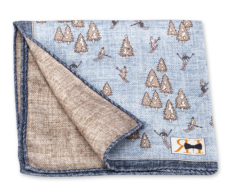 Lt. Blue/Natural Festive Skiers Pocket Square
