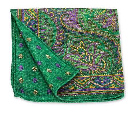 Green Mardi Gras Paisley/Fleur-De-Lis Pocket Square
