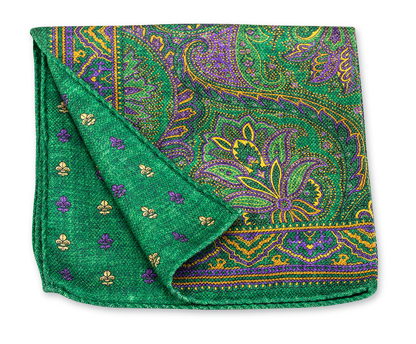 Green Mardi Gras Paisley/Fleur-De-Lis Pocket Square