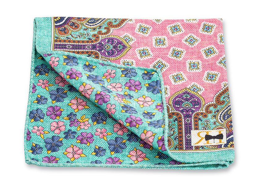 Aqua Patchwork/Flower Pocket Square