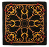 A square black scarf featuring a symmetrical, kaleidoscopic pattern of golden-yellow and brown horse bits and reins, accented with small red tassels at the corners.