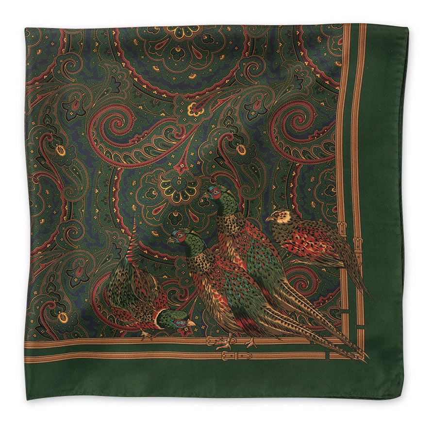 pheasant detail on green scarf