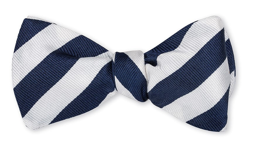 navy and white stripe bow tie